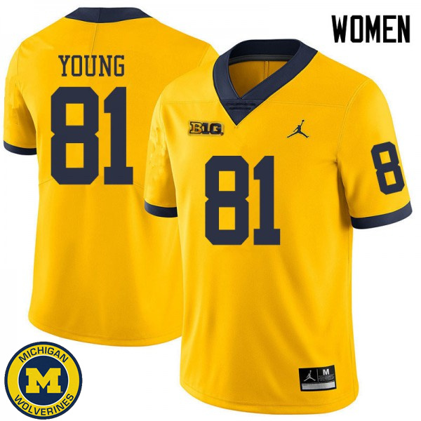 Women's Michigan Wolverines #81 Jack Young Yellow Jordan Brand Official Game Jersey